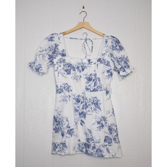 REFORMATION Evianna Linen Blue & White Toile Puff Sleeve Mini Dress US 10 NWT - Picture 7 of 14